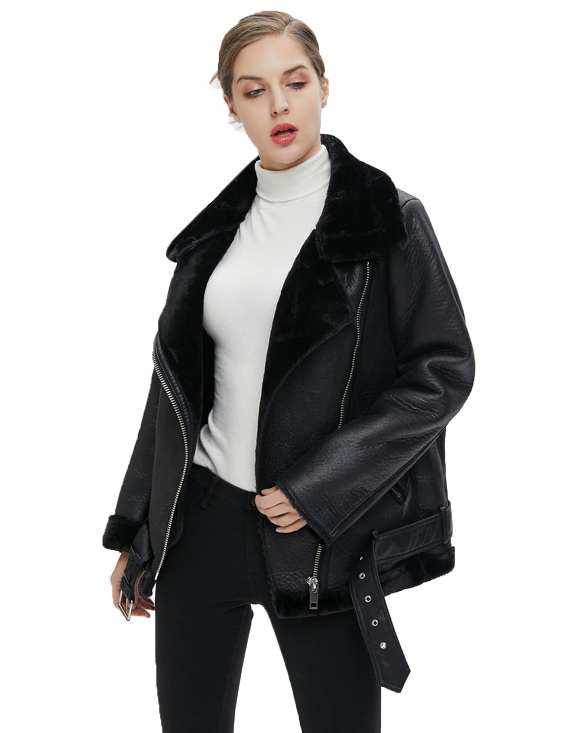 LY VAREY LIN Women's Faux Shearing Moto Jacket Thick Lined Parka Winter Shearling Coat Leather Jacket (L, Black)
