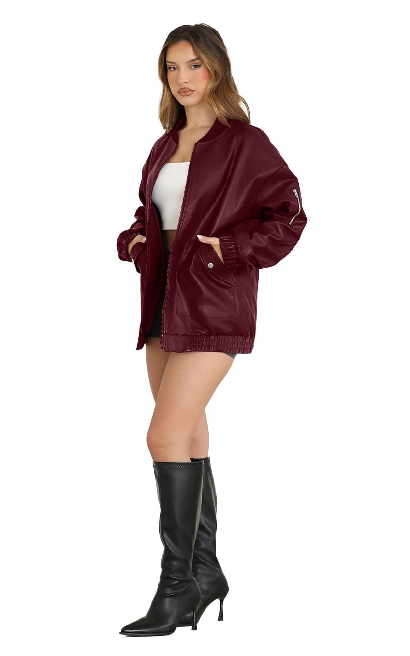 XIEERDUO Leather Jacket Women Faux Oversized Motorcycle Bomber Coats 2025 Fall Fashion Outfits Winter Clothes Red S