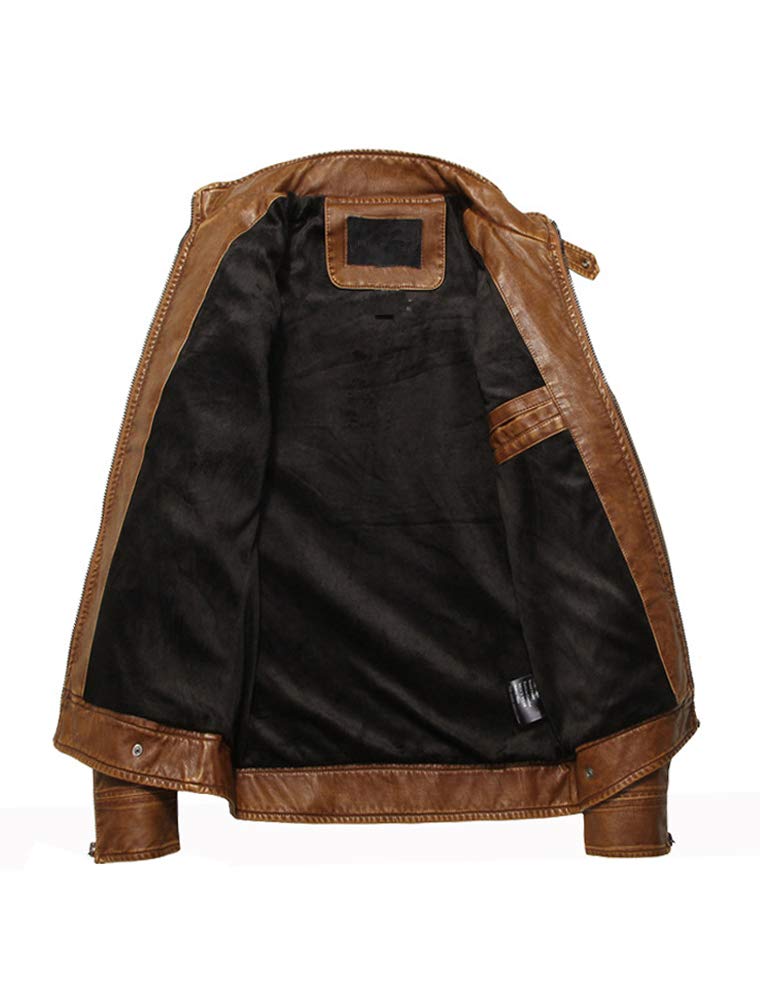 PASOK Men's Faux Leather Jacket Vintage Stand Collar Motorcycle PU Leather Outwear Coat Brown L