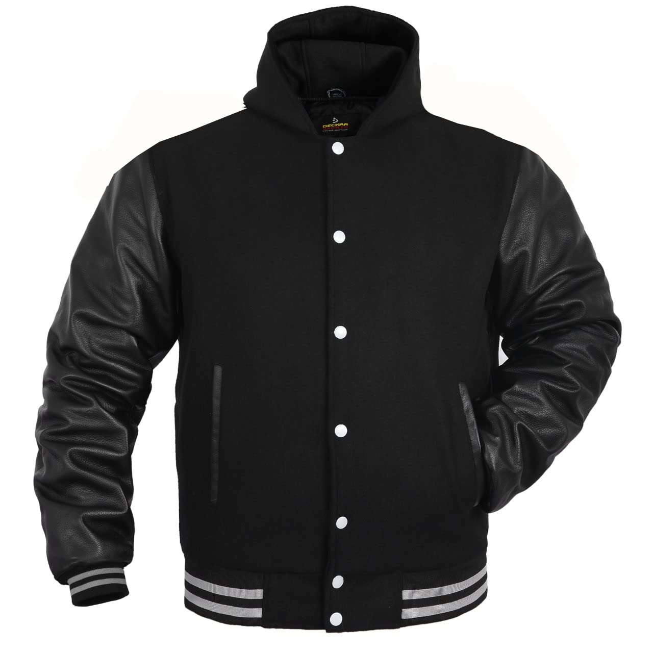 Deckra Men's Varsity Jacket Genuine Leather Sleeve and, All Black(Hoodie), Size Medium