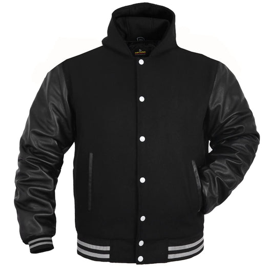 Deckra Men's Varsity Jacket Genuine Leather Sleeve and, All Black(Hoodie), Size Medium
