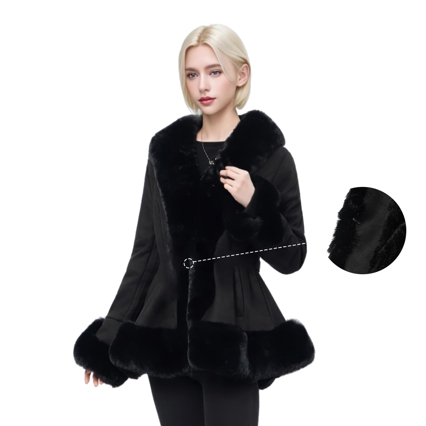 NXBC Winter Faux Fur Coats for Women, Faux Suede Leather Trench Coat Jacket with Belted Waist, Windproof Water Resistant Long Sleeve Parka Outerwear FC008-BLACK-XL