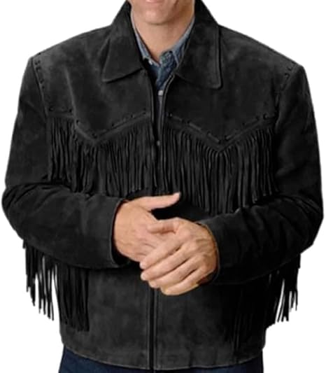 Mens Fringe Jacket - Western Cowboy Brown Faux Suede Leather Fringed Jacket with Fringes (US, Alpha, X-Large, Regular, Regular, Mens Black Fringe Jacket)