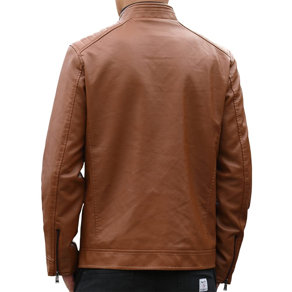 Womleys Mens Casual Stand Collar Faux Leather Jacket Biker Motorcycle Jackets (Brown, Medium)