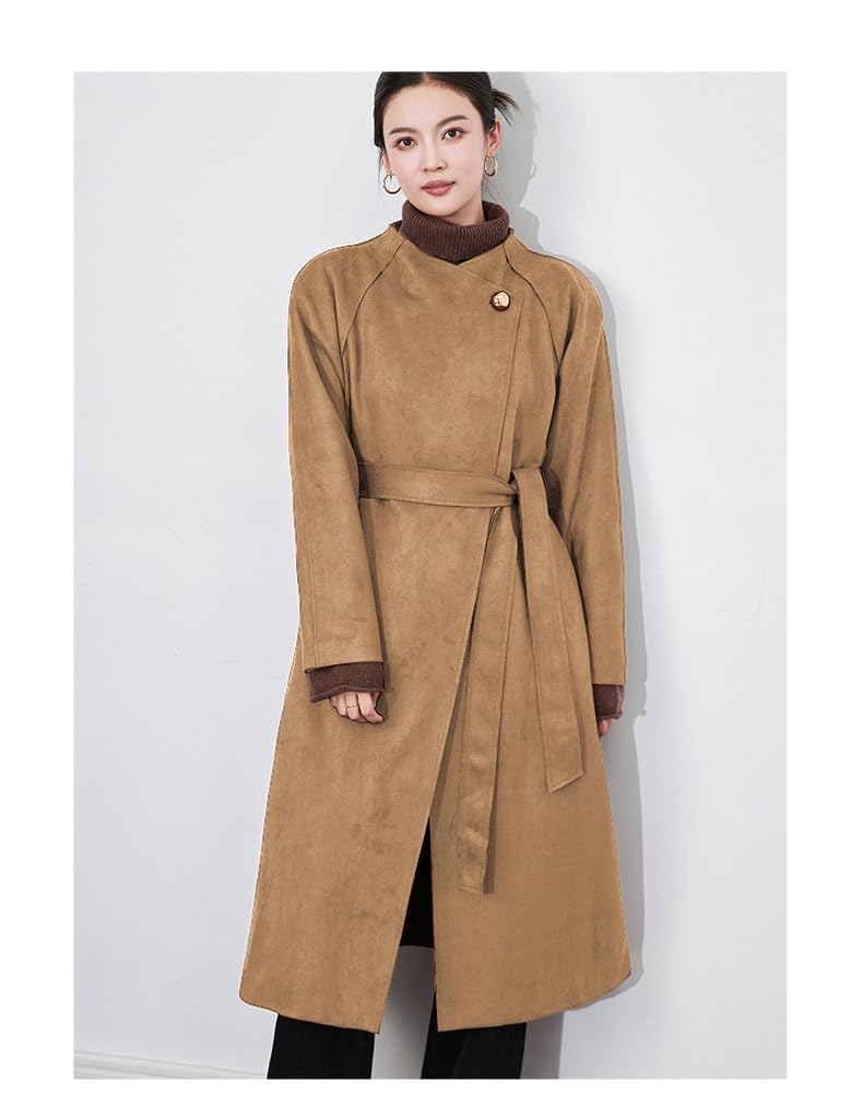 utcoco Womens Faux Suede Long Trench Coat Open Front Leather Trench Overcoat with Belt (Medium, Khaki)