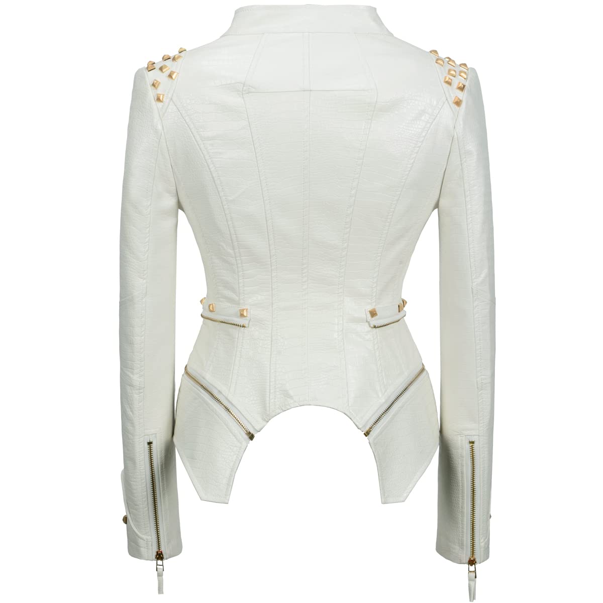 Fashion SX Women's Punk Studded Faux-alligator Print Pattern PU Leather Jackets Zipper Moto Biker Coat (White, S)