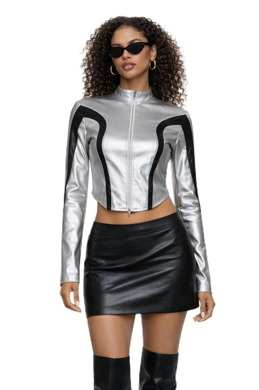 QVA Metallic Crop Jacket, Silver with Black Contrast Panels, Zip-Up Front, Cropped Fit (US, Alpha, Medium, Regular, Regular)