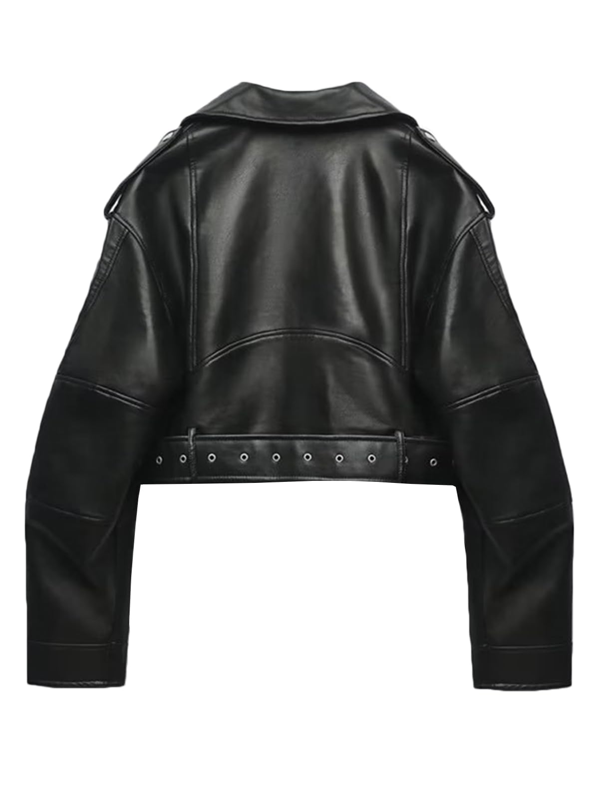 LY VAREY LIN Women Faux Leather Cropped Jacket Lapel Zipper Biker Short Coat with Belt