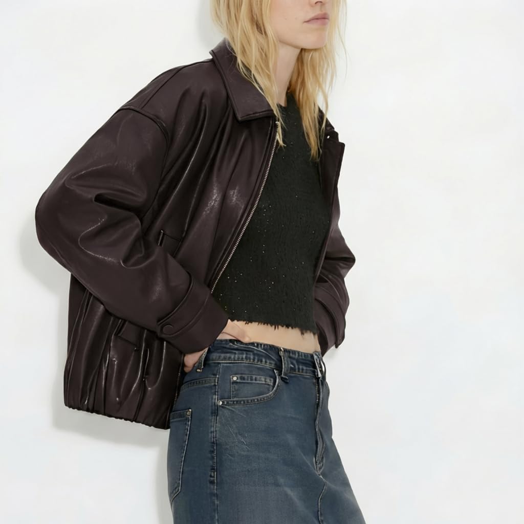 VKXJA Oversized Faux Leather Bomber Jacket for Women – Zip-Up Aviator Flight Coat, Relaxed Fit Streetwear Outerwear (US, Alpha, Medium, Regular, Regular, Brown)