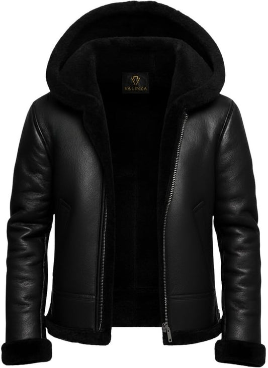 Men's B3 Bomber Shearling Leather Jacket with Hood - RAF Aviator Flight Pilot WWII Real Genuine Bomber Leather Jacket for men (US, Alpha, X-Large, Regular, Regular, Black)