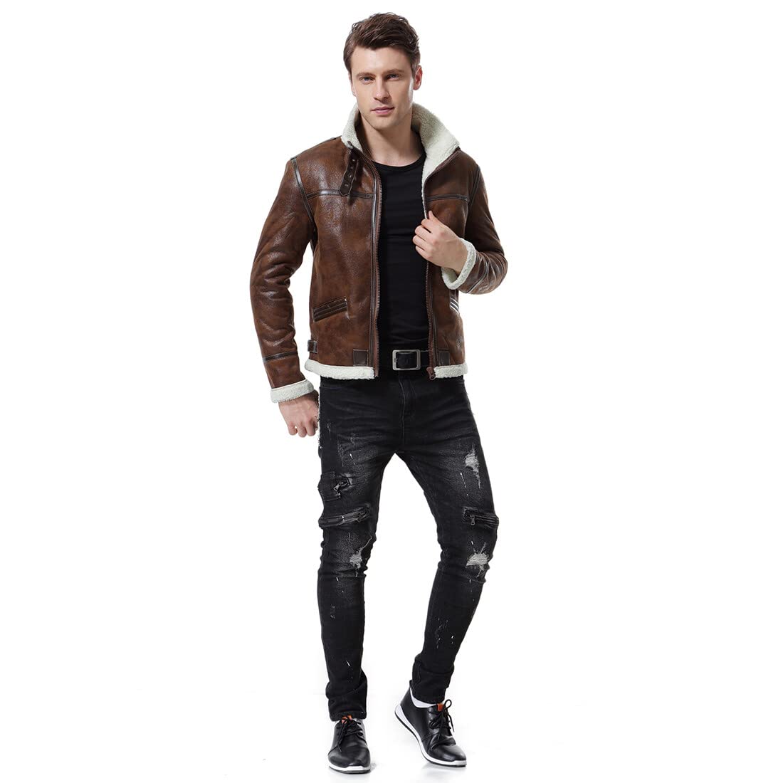 AOWOFS Men's Leather Jackets Aviator Bomber Jacket Men Brown Motorcycle Shearling Suede Coat