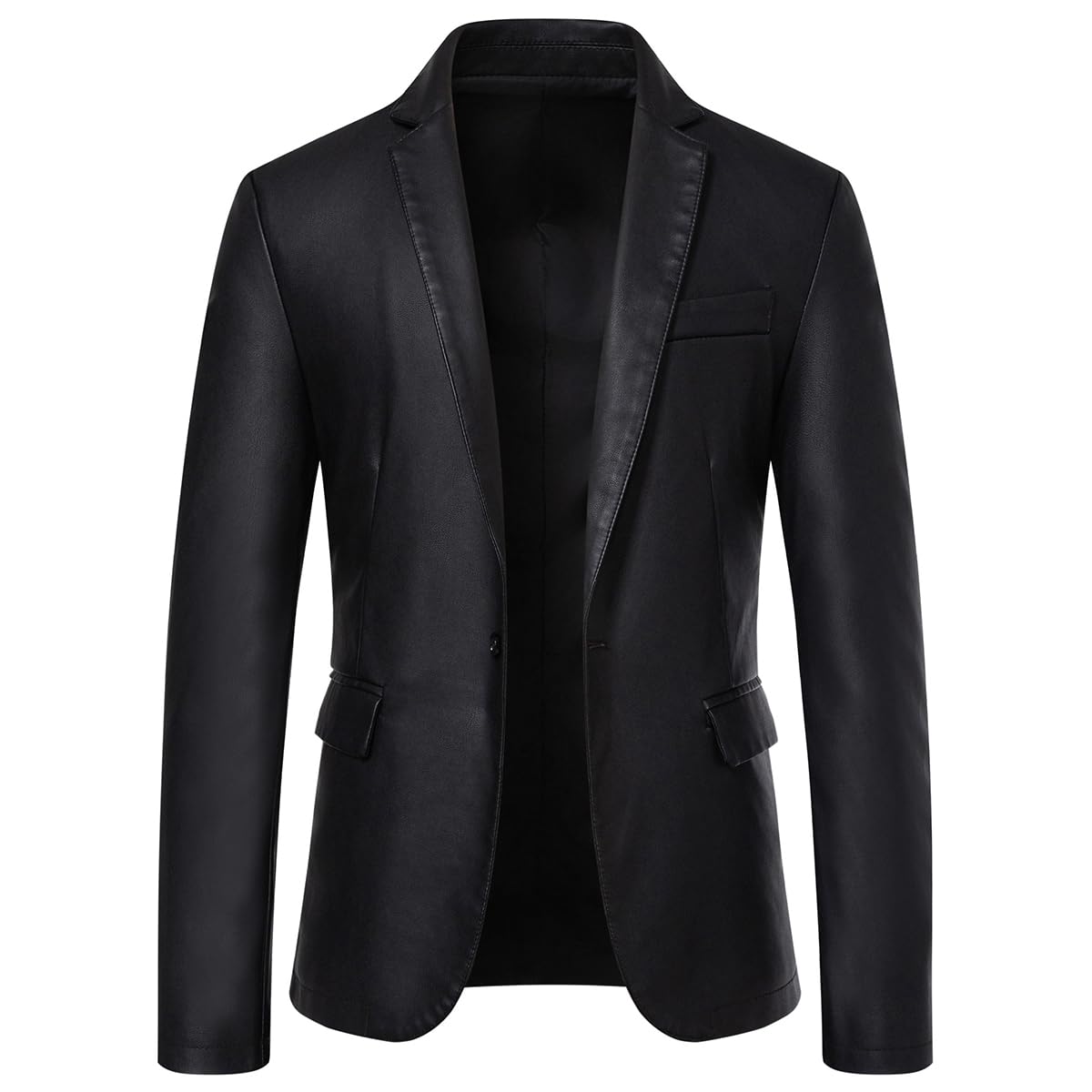 Womleys Men's Casual Notched Collar One Button Faux Leather Blazer Suit Jacket Sport Coats (Large, Black)
