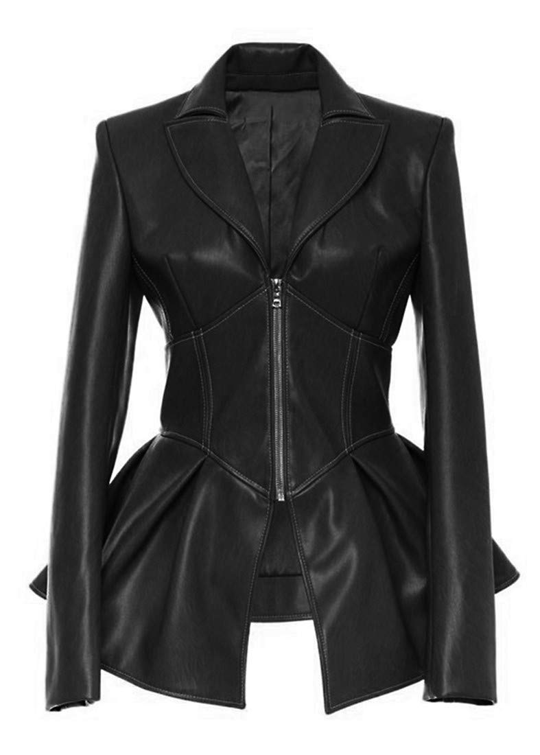 lovecarnation Women's Fashion Perfectly Shaping Zip Up Long Sleeves Faux Leather Biker Jacket Black LL/M 885