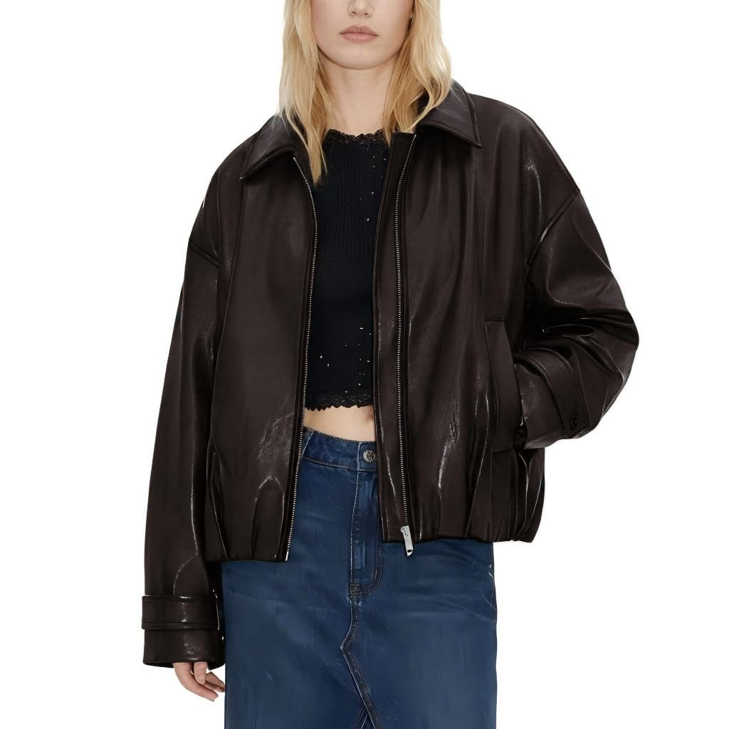 VKXJA Oversized Faux Leather Bomber Jacket for Women – Zip-Up Aviator Flight Coat, Relaxed Fit Streetwear Outerwear (US, Alpha, Medium, Regular, Regular, Brown)