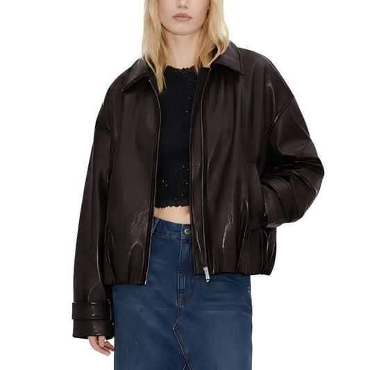 VKXJA Oversized Faux Leather Bomber Jacket for Women – Zip-Up Aviator Flight Coat, Relaxed Fit Streetwear Outerwear (US, Alpha, Medium, Regular, Regular, Brown)