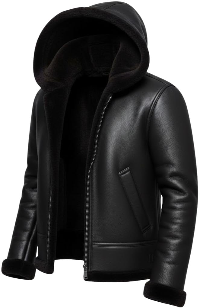 Men's B3 Bomber Shearling Leather Jacket with Hood - RAF Aviator Flight Pilot WWII Real Genuine Bomber Leather Jacket for men (US, Alpha, X-Large, Regular, Regular, Black)