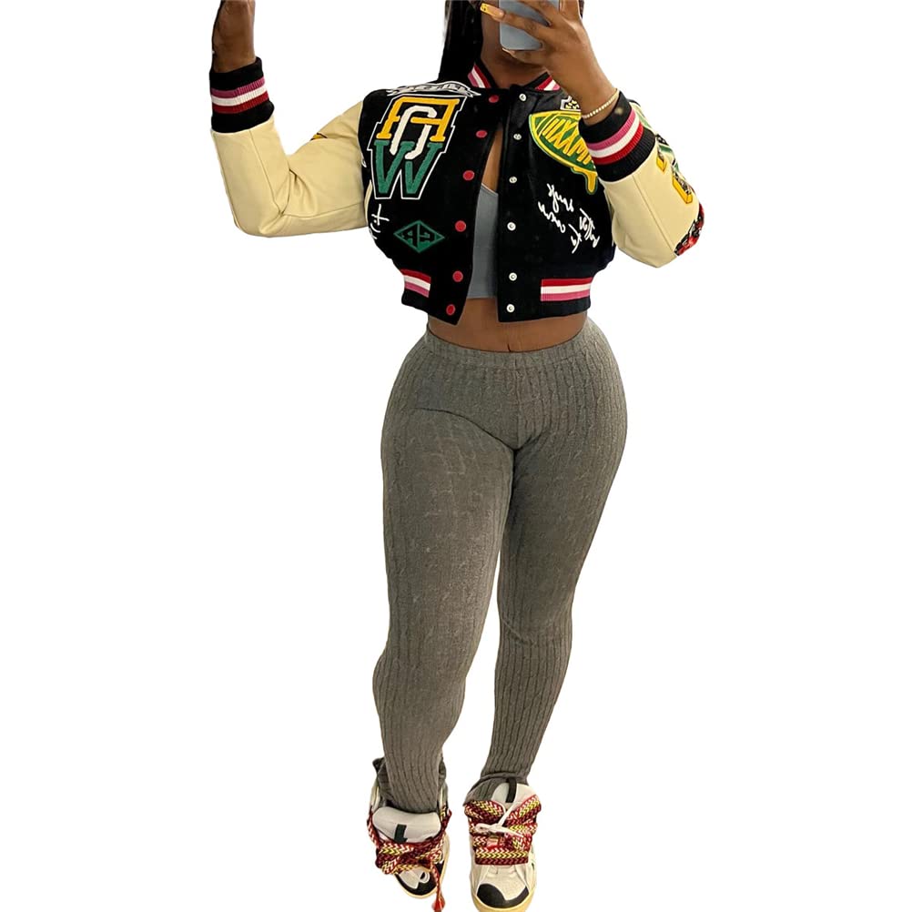 Hotheart Womens Fashion Ribbed Long Sleeve Graffiti Print Button Casual Baseball Jacket Outwear(black,M)