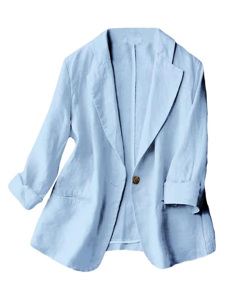 Light Blue Linen Blazer Women Summer Spring Jackets for Women 2026 Casual 3/4 Sleeve Lightweight Business Work Clothes Linen Tops (Light Blue, M)