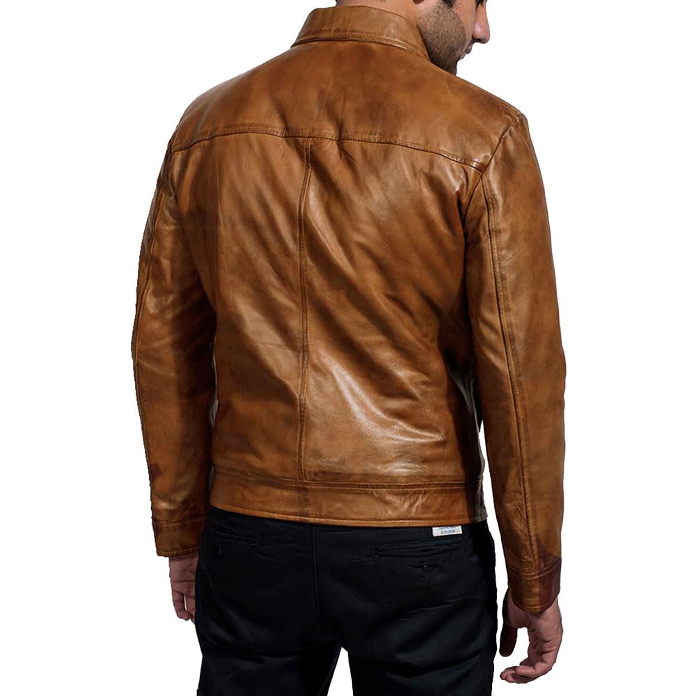 Mens Leather Jacket - Real Lambskin Classic Vintage Style Leather Jackets For Men Brown Leather Jacket for Mens (US, Alpha, 3X-Large, Regular, Regular, Camel)