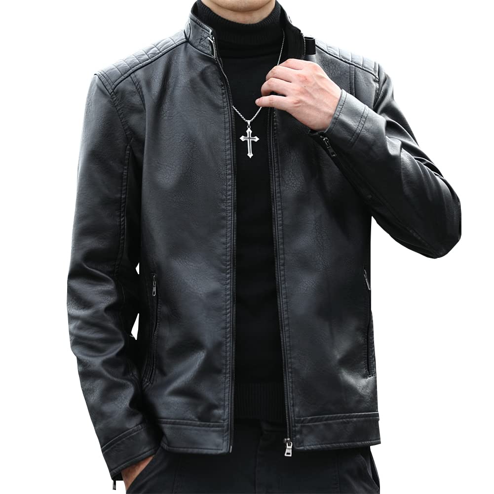 Womleys Mens Casual Stand Collar Faux Leather Jacket Biker Motorcycle Jackets (Black, Medium)