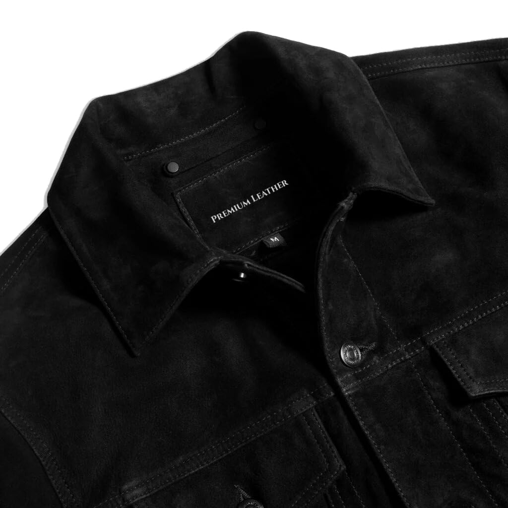 Isaac & David Chicago Vintage Trucker Suede Leather Jacket Men - Denim Biker Cafe Racer Causal Jacket Western Cowboy (US, Alpha, XX-Large, Regular, Regular, Black)