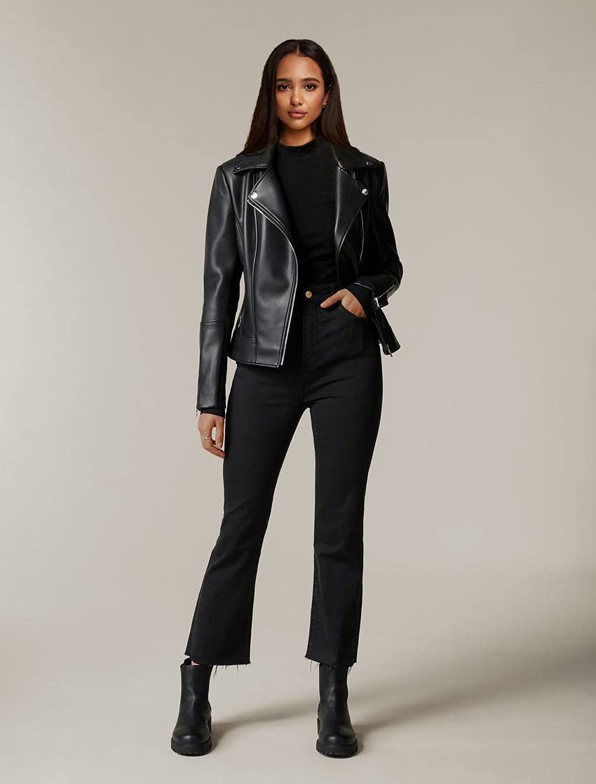 Athlemo Womens Faux Leather Motorcycle Jackets Classical Black PU Slim Short Biker Coats