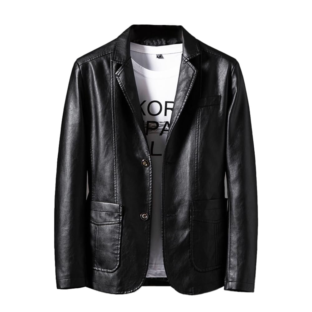 Rayiisuy Mens PU Leather Blazer Men's Casual Single Button Suit Coat Slim Fit Lapel Black Jackets For Men Stylish Faux Leather Outwear (Black, L),Large(XY-903)