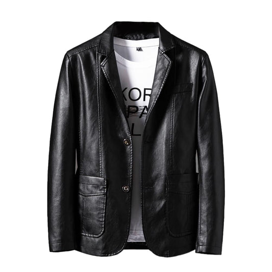 Rayiisuy Mens PU Leather Blazer Men's Casual Single Button Suit Coat Slim Fit Lapel Black Jackets For Men Stylish Faux Leather Outwear (Black, L),Large(XY-903)