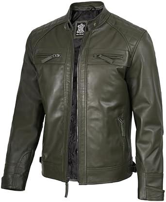 Blingsoul Quilted Cafe Racer Style Mens Leather Jackets | [1123973] D-1 Olive Green, M