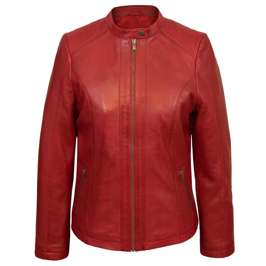 Café Racer Leather Jacket Women - Zip Up Moto Biker Style Casual Fashion Real Lambskin Women's Leather Jacket (US, Alpha, X-Small, Regular, Regular, Red)