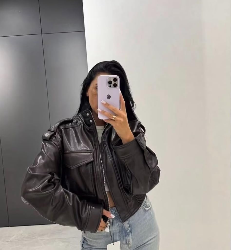 RISCUYY Brown Leather Jacket Women Stand Collar Zip Up Cropped Leather Jacket Women Trendy 2026