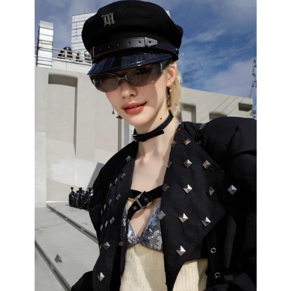 Xojbzoo Women's Y2K Belted Black Motorcycle Jacket Pleated Long Sleeve Super Short Coat Trendy Summer Fashion (US, Alpha, Small, Plus, Short, Black1)