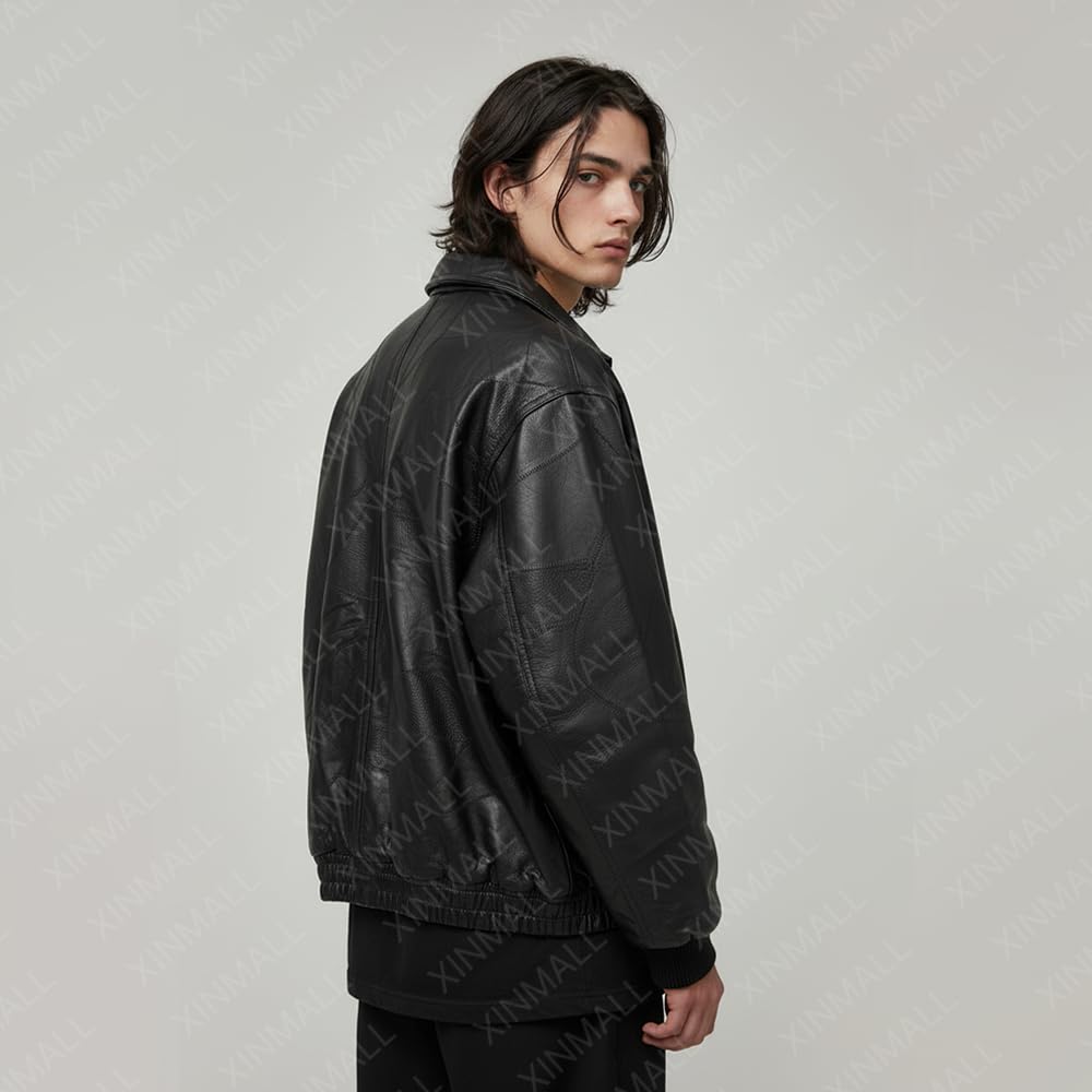 XINMALL Men’s Genuine Leather Motorcycle Jacket Black Bomber Style Zip-Up Baseball Collar Biker Leather Coat (US, Alpha, 3X-Large, Regular, Regular)