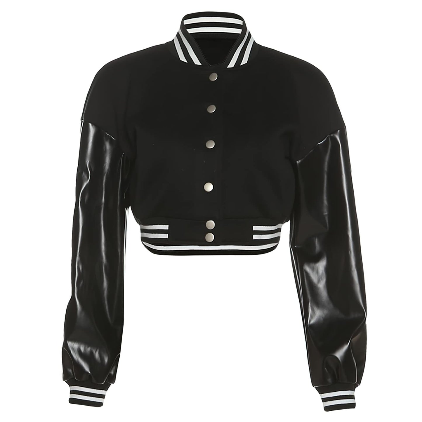 Xaspee Women's Casual Baseball Jacket Faux Leather Colorblock Button Crop Bomber Jacket