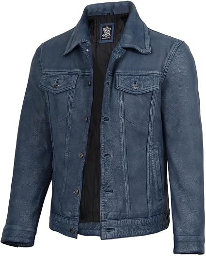 Blingsoul Distressed Leather Jacket Men | [1132636] Fernando Blue Distressed Washed, 2XL
