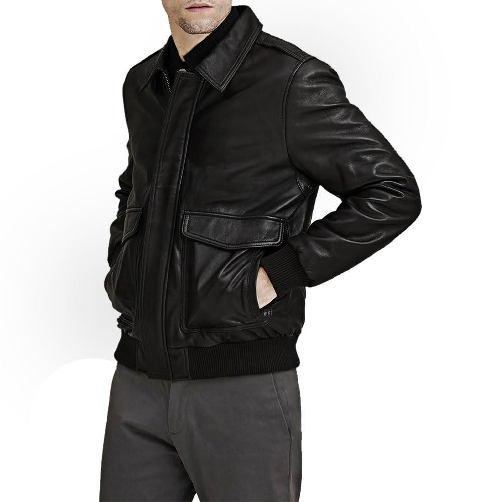 Crafter Men's Classic A2 Aviator WWII Flying Tiger Leather Jacket - Pilot Bomber Leather Jacket With Shirt Collar For Men (US, Alpha, Large, Regular, Regular, Black)