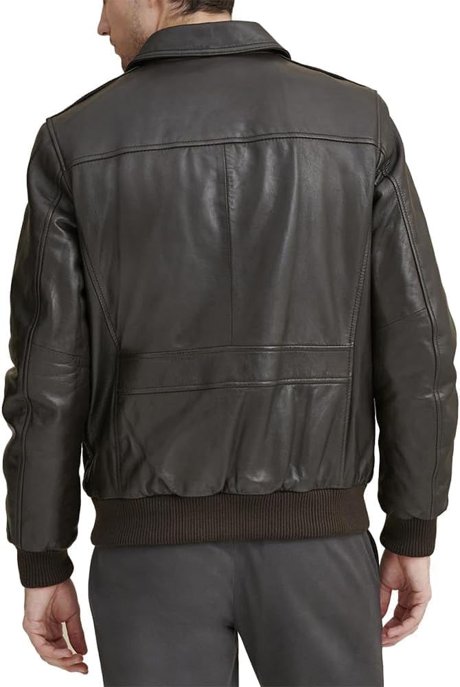 Men's Classic A2 Aviator WWII Flying Tiger Leather Jacket - Pilot Bomber Leather Jacket With Shirt Collar For Men (US, Alpha, Large, Regular, Regular, Dark Brown)