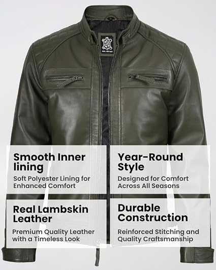 Blingsoul Quilted Cafe Racer Style Mens Leather Jackets | [1123973] D-1 Olive Green, M