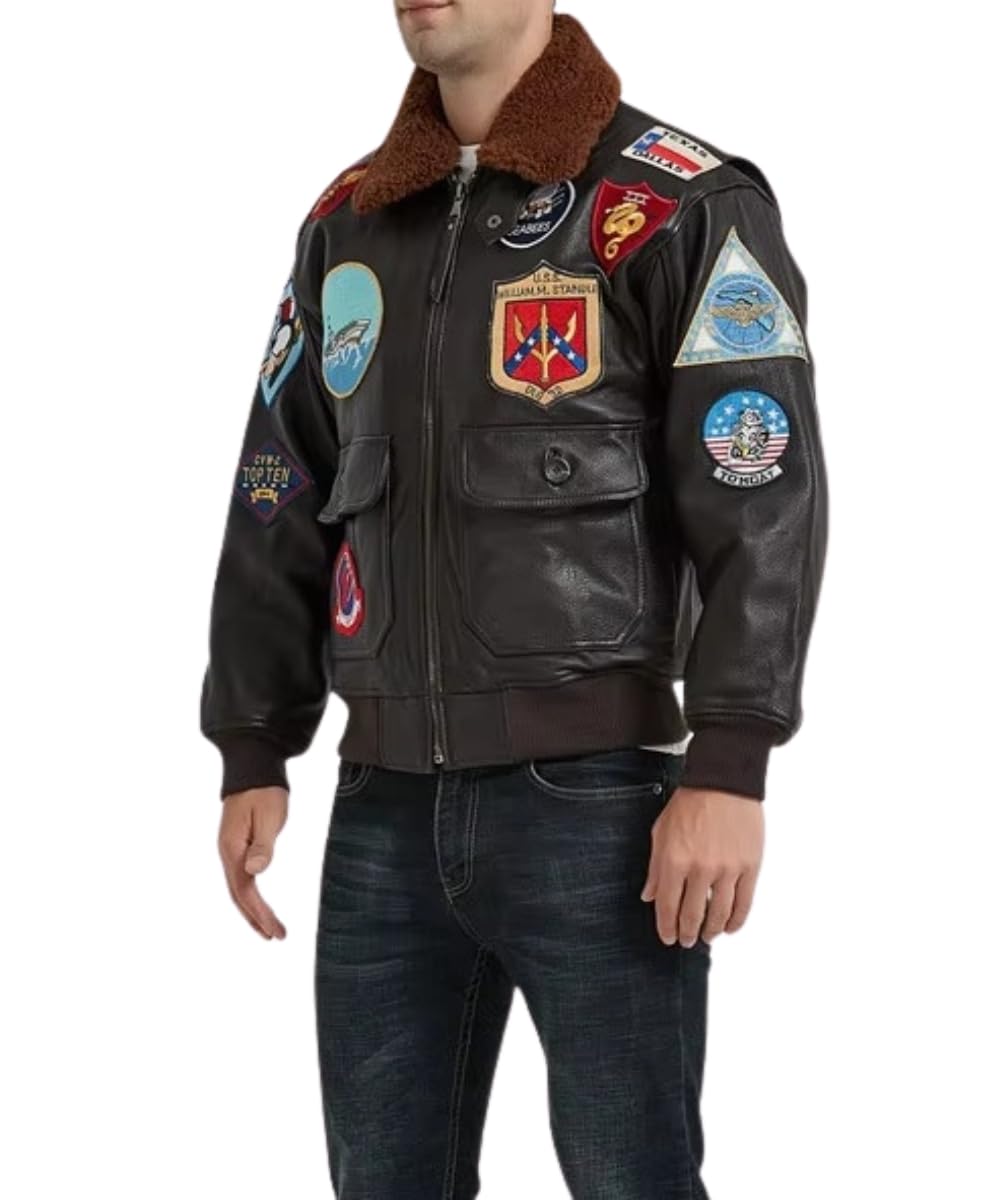 Mens Top Aviator USAAF Pilot Flying Tom Multiple Patches G1 Bomber Jacket Fur Collar Brown Bomber Leather Jacket (as1, alpha, s, regular, regular, Real Leather)