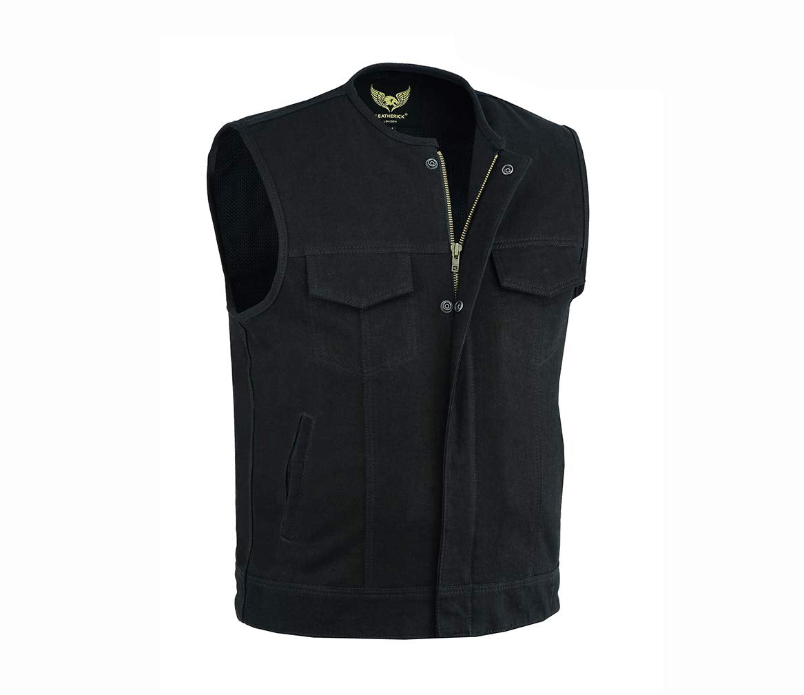 Leatherick Men’s SOA Black Denim Motorcycle Vests Bikers Club Vest with Concealed Carry Pockets (as1, alpha, 5x_l, regular, regular, Collarless)