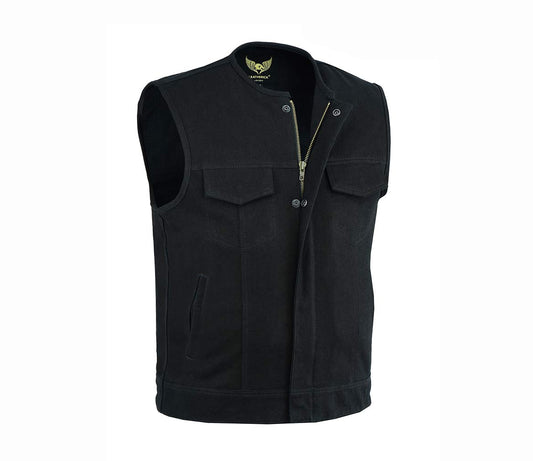 Leatherick Men’s SOA Black Denim Motorcycle Vests Bikers Club Vest with Concealed Carry Pockets (as1, alpha, 5x_l, regular, regular, Collarless)