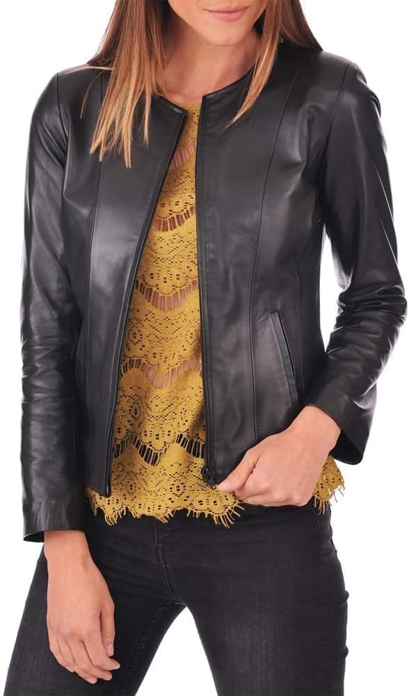 Desired Jackets Womens Leather Jacket - Real Lambskin Cafe Racer Style Leather Jackets For Women (US, Alpha, 4X-Large, Regular, Regular, Black)
