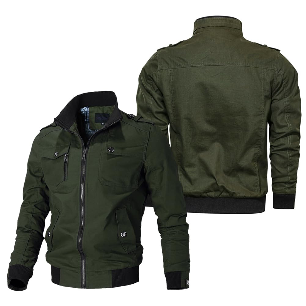 Oymyakon Men's Casual Military Jacket Stand Collar Jackets Coats Cotton Bomber Jackets with Shoulder Straps Army Green-L