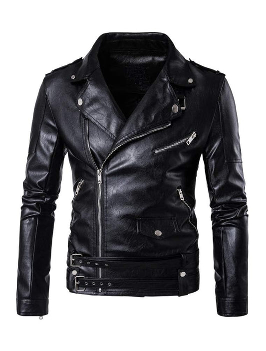 PASOK Men's PU Leather Jacket Causal Belted Faux Leather Motorcycle Jacket Zipper Biker Coat Black L