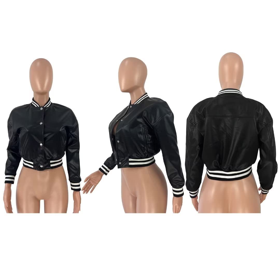 Mintsnow Womens Faux Leather Long Sleeve Crop Bomber Jacket Casual Button Down Cropped Baseball Coat Coffee S