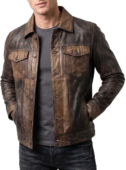 WECNOM Mens Leather Jacket Cowboy Western Style Genuine Lambskin Leather Motorcycle Jacket Men Trucker Distressed Brown - Large