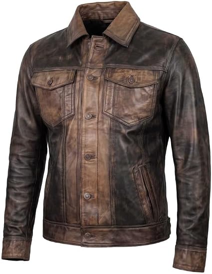 WECNOM Mens Leather Jacket Cowboy Western Style Genuine Lambskin Leather Motorcycle Jacket Men Trucker Distressed Brown - Large