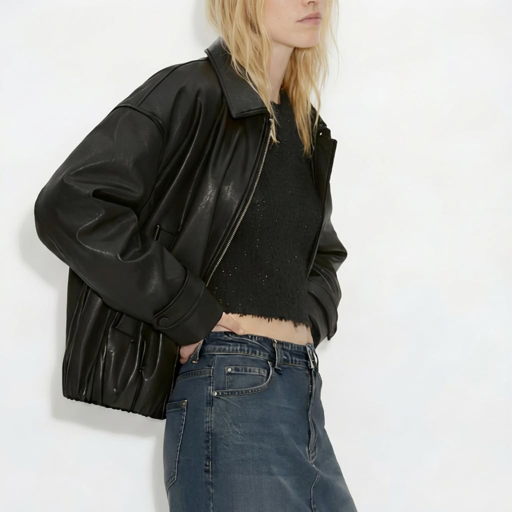 VKXJA Oversized Faux Leather Bomber Jacket for Women – Zip-Up Aviator Flight Coat, Relaxed Fit Streetwear Outerwear (US, Alpha, Medium, Regular, Regular, Black)