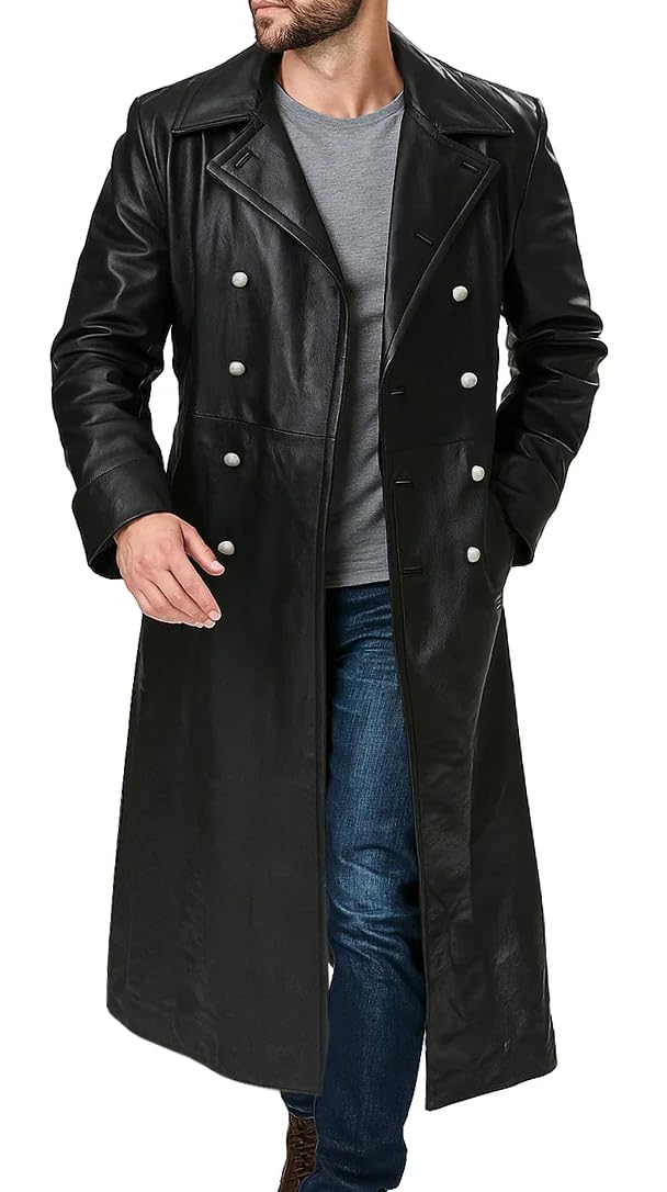 UGFashions Mens Genuine Leather German Military Officer Trench Coat