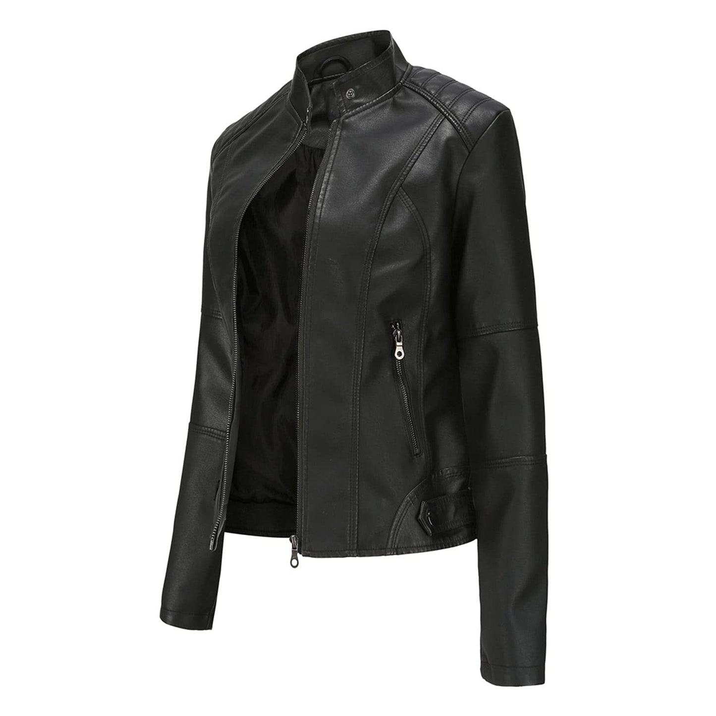 DEAR MODEL Faux Leather Jacket Women Bomber Jacket Women's Belted Motorcycle Jacket,Black,M